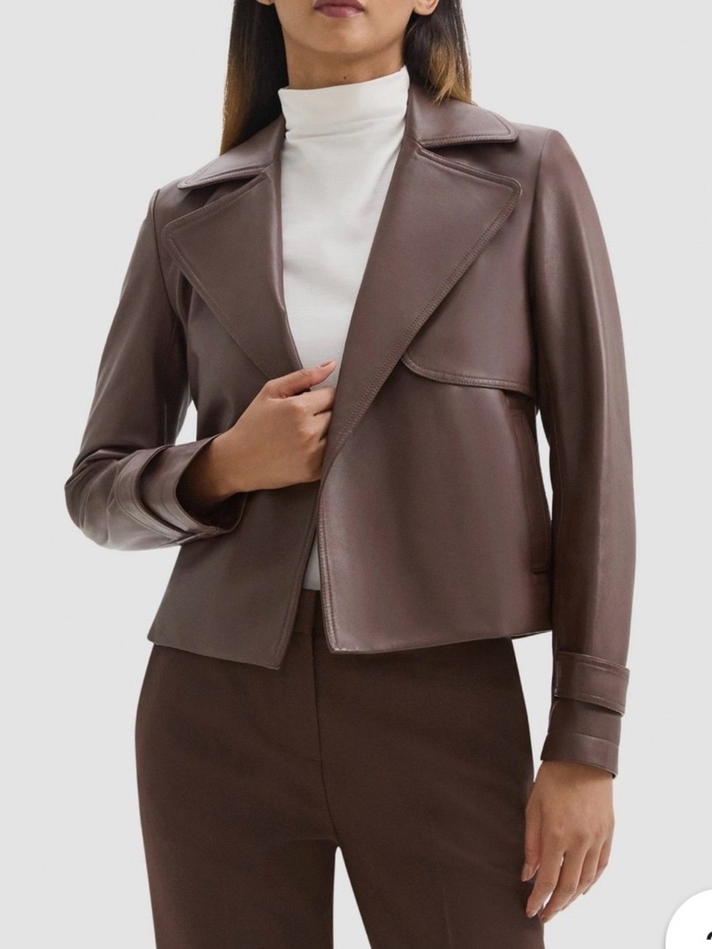 Theory Cropped Leather Coat in Dark Russet